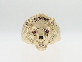 Large Lion Head Natural Rubies Diamond Solid 14k Yellow Gold Ring