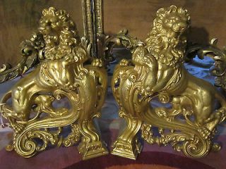 Pair Stunning Antique French Gilt Bronze statue Chenets Lions Book
