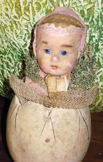 Newly listed rare 1900 s WAX HEAD GLASS EYES baby in egg CANDY
