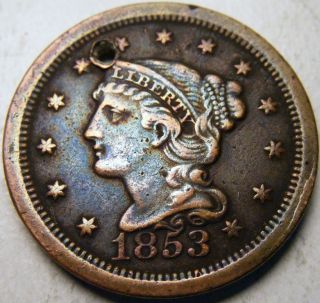 1853 BRAIDED HAIR LARGE CENT BLUE TONING CUD KM 67 EXTREMELY FINE+