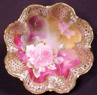  Bowl with Pink Roses Scalloped Rim and Heavy Gold With Bead Designs