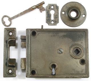 Rare Victorian Rim Door Lock Set w Bolt & Skeleton Key CARPENTER STYLE