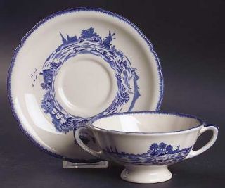 Royal Doulton Norfolk Blue Footed Cream Soup Bowl & Saucer Set, Fine China Dinne