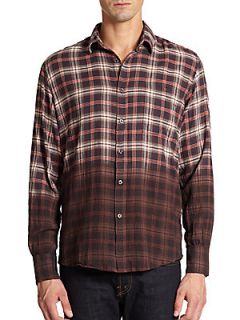 Brown Ombre Plaid Crinkled Cotton Shirt   Brown