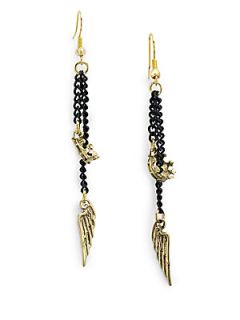 Crown & Wing Drop Earrings   Gold Black