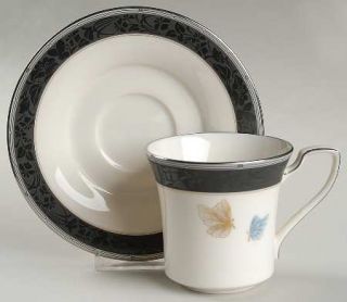 Noritake Enchanteur Flat Cup & Saucer Set, Fine China Dinnerware   Gold & Blue B