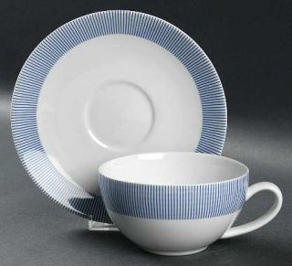 Crate & Barrel Pinstripe Blue Flat Cup & Saucer Set, Fine China Dinnerware   Blu