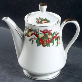 AMC Christmas Bounty Teapot & Lid, Fine China Dinnerware   Red Ribbons, Holly  G