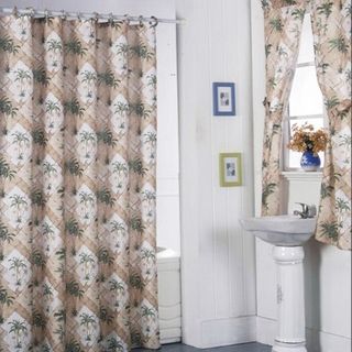California Palm Shower Curtain Set And 4 piece Window Set (Beige background/ green palmMaterial Polyester/ PVCShower curtain dimensions 72 inches wide x 72 inches longWindow set dimensions 54 inches long x 34 inches wide Curtain style Window panelCons