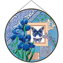 Joan Baker Hand painted Blue Butterflies and Irises Art Panel (Multi coloredMaterials: Glass and metalPattern: Blue Butterflies & IrisesGlass: Hand paintedDimensions: 21.5 inches long x 21.5 inches tall )