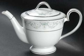 Noritake Colburn Teapot & Lid, Fine China Dinnerware   Blue Border&Roses, Platin