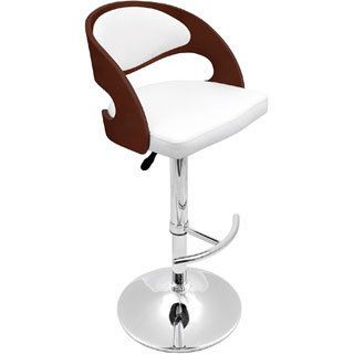 Cherry Bent Wood Modern Barstool (Cherry wood, white seatMaterials: Wood, PU, foam padding, chromeHardware finish: Chrome footrest, base and poleNumber of Stools: OneAdjustable heightSeat dimensions: 27 32 inches high x 18 inches wide x 16 inches deepDime