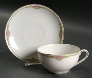 Noritake Coburg Flat Cup & Saucer Set, Fine China Dinnerware   Pink Flowers,Gree