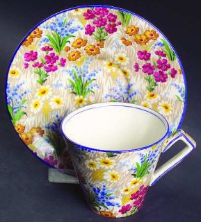 Royal Winton Marguerite (Blue Trim) Flat Cup & Saucer Set, Fine China Dinnerware