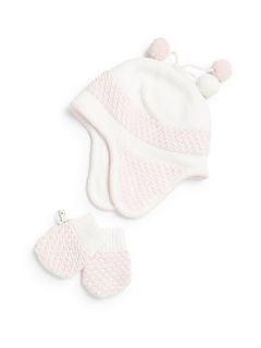 Kissy Kissy Infants Two Piece Pebble Knit Flap Hat & Mittens Set   White Light