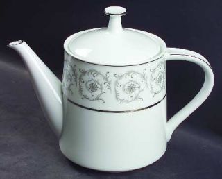 Noritake Piccadilly Teapot & Lid, Fine China Dinnerware   Gray Scrolls & Flowers