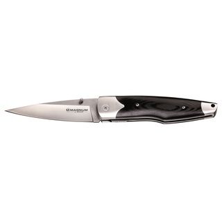 Boker Magnum Milan Tactical Pocket Knife (BlackBlade materials: 440 stainless steelHandle materials: Stainless steel/MicartaBlade length: 3.875 inchesHandle length: 4.875 inchesWeight: 5.5 ouncesDimensions: 8.75 inches high x 1 inch wide x 0.25 inch deepB