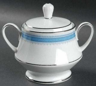 Noritake Pembroke Sugar Bowl & Lid, Fine China Dinnerware   Blue Band,Line/Dots