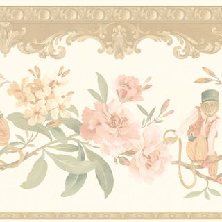 Peach Monkey Floral Border Wallpaper (PeachDimensions 10 1/4 inches x 15Gender NeutralTheme FloralMaterials Solid sheet vinylCare Instructions ScrubbableHanging Instructions Pre pasted )