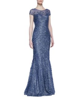 Womens Short Sleeve Beaded Overlay Gown, Marine Blue   Rene Ruiz