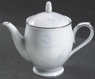 Noritake Virtue Teapot & Lid, Fine China Dinnerware   White/Blue Roses, Platinum