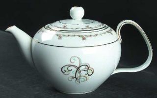 Noritake Esteem Teapot & Lid, Fine China Dinnerware   Blue & Brown Scrolls Borde