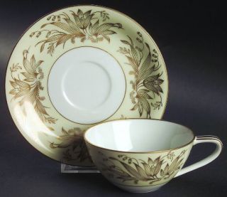 Noritake Bliss Flat Cup & Saucer Set, Fine China Dinnerware   Gold Flowers On Cr
