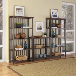 Cabin Creek 3 piece Multi function Shelving Unit (Chestnut Materials mahogany veneers with engineered wood and metalFinish Heavily distressed multi step chestnut finish Dimensions 75.5 inches high x 114 inches wide x 16 inches deepNumber of shelves Th