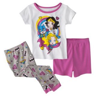 Justice League Toddler Girls 3 Piece Short Sleeve Pajama Set   White 4T