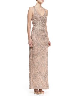 Womens Sleeveless V Neck Embroidered Column Gown, Beige   Sue Wong