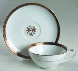 Noritake Goldston Flat Cup & Saucer Set, Fine China Dinnerware   Gold/Black Leav