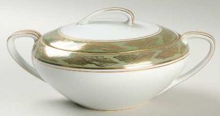 Noritake Adala Sugar Bowl & Lid, Fine China Dinnerware   Gold Leaves On Green Ba