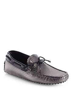 Tods Laccetto Stamped Metallic Leather Drivers   Silver Black : Tods Shoes