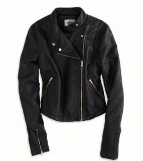 Black AE Cropped Vegan Leather Moto Jacket, Womens L