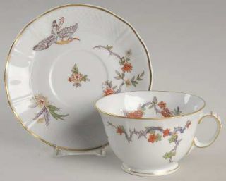 Bernardaud Conde Footed Cup & Saucer Set, Fine China Dinnerware   Birds, Flowers
