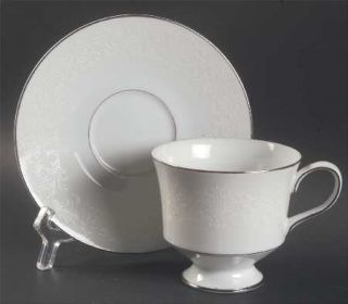 Sango Granada Footed Cup & Saucer Set, Fine China Dinnerware   White Scrolls On