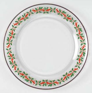 Libbey   Rock Sharpe Lrs3 Dinner Plate   Green & Red Holly, Red Ribbon,Gold Trim