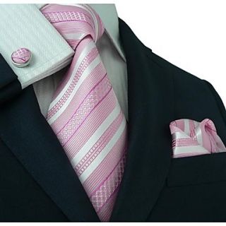 Mens Landisun Light Pink White Stripes Silk Tie Set: Tie Hanky Cufflinks Landisun Exclusive