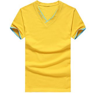ARW Mens Leisure Solid Color Short Sleeve V Neck Yellow Shirt