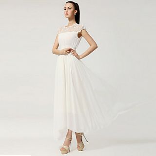 YIGOUXIANG Womens Fashion Big Size Lace Short Sleeve Waist Long Dress(White)