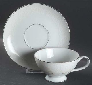 Mikasa Bridal Veil Footed Cup & Saucer Set, Fine China Dinnerware   White Scroll