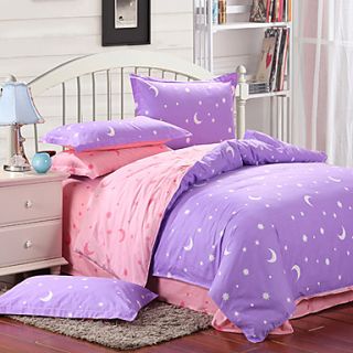 Mankedun Lovely Moon And Star Pattern Purple Cotton 4 PCS Set Bedding