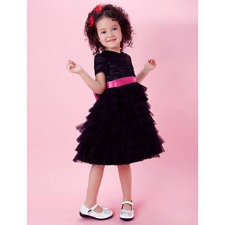 A line Knee length Tulle And Satin Flower Girl Dress With High Neck