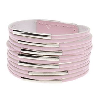Multilayer Leather Metal Ring Wide Bracelet(Pink)