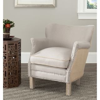 Safavieh Jenny Beige/ Tan Arm Chair (Beige/ tanMaterials: Birch wood, plywood, linen/ jute fabricFinish: Pickled oakSeat dimensions: 18.5 inches wide x 20.9 inches deepSeat height: 17.5 inchesDimensions: 29.5 inches high x 26.5 inches wide x 29 inches dee