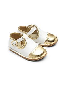 Cole Haan Infants Metallic Cap Toe T Strap Sandals   White Gold
