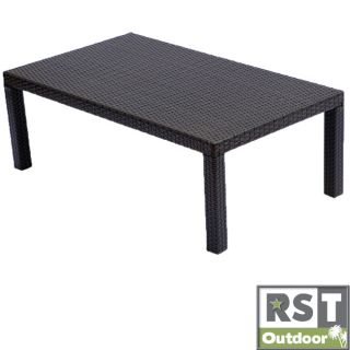 Rst Outdoor Espresso Rattan Patio Coffee Table (EspressoMaterials: Powder coated aluminum, eco friendly recyclable, hand woven polyethylene rattan wickerFinish: EspressoWeather resistant: YesUV protectionAdjustable: NoDimensions: 16 inches high x 46 inche