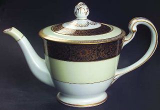 Noritake Goldlea Teapot & Lid, Fine China Dinnerware   Black Border W/Gold Desig