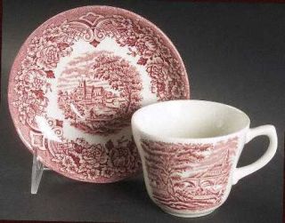 Grindley Homeland Pink Flat Cup & Saucer Set, Fine China Dinnerware   Pink Scene