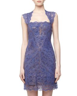 Metallic Lace Sweetheart Cocktail Dress, Blue/Gold